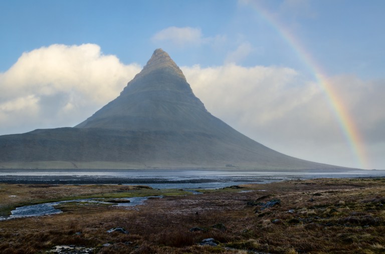 Kirkjufell mountain rainbow
